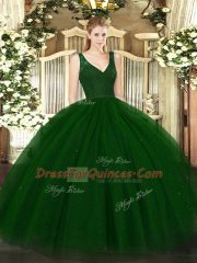 Adorable Dark Green Quinceanera Gowns Military Ball and Sweet 16 and Quinceanera with Beading and Lace V-neck Sleeveless Backless