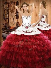 Sleeveless Floor Length Embroidery and Ruffled Layers Lace Up Ball Gown Prom Dress with Wine Red
