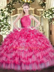 Fancy Ball Gowns Quinceanera Gown Hot Pink Scoop Organza Sleeveless Floor Length Zipper