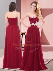Fancy Wine Red Empire Appliques Prom Dress Lace Up Chiffon Sleeveless Floor Length