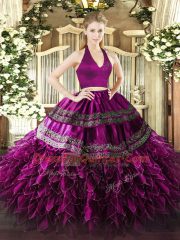 Fuchsia Zipper Halter Top Appliques and Ruffles Quinceanera Dresses Organza Sleeveless