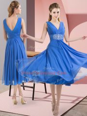 Empire Court Dresses for Sweet 16 Baby Blue V-neck Chiffon Sleeveless Knee Length Side Zipper
