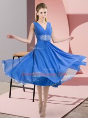 Empire Court Dresses for Sweet 16 Baby Blue V-neck Chiffon Sleeveless Knee Length Side Zipper