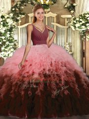 Attractive Sleeveless Organza Floor Length Backless Quinceanera Gowns in Multi-color with Ruffles
