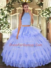 Floor Length Backless Vestidos de Quinceanera Light Blue for Military Ball and Sweet 16 with Beading and Appliques and Ruffles