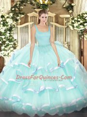 Sumptuous Sleeveless Organza Floor Length Zipper Sweet 16 Dress in Apple Green with Beading and Ruffled Layers