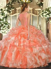 Glittering Floor Length Ball Gowns Sleeveless Coral Red Quince Ball Gowns Clasp Handle