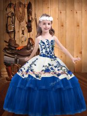 Latest Blue Organza Lace Up Straps Sleeveless Floor Length Child Pageant Dress Embroidery