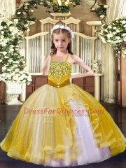 Gold Tulle Lace Up Straps Sleeveless Floor Length Little Girl Pageant Dress Beading