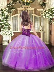 Gold Tulle Lace Up Straps Sleeveless Floor Length Little Girl Pageant Dress Beading