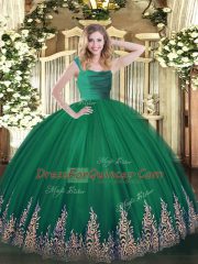 Deluxe Straps Sleeveless Sweet 16 Dress Floor Length Beading and Appliques Turquoise Tulle