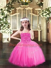 Spaghetti Straps Sleeveless Lace Up Little Girl Pageant Gowns Rose Pink Tulle