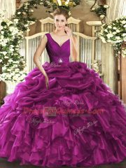 Delicate Beading and Ruffles 15 Quinceanera Dress Fuchsia Backless Sleeveless Floor Length