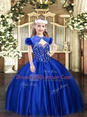 Beading Girls Pageant Dresses Royal Blue Lace Up Sleeveless Floor Length
