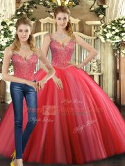 Coral Red Ball Gowns Tulle Straps Sleeveless Beading Floor Length Lace Up Quinceanera Dresses