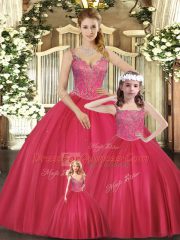 Hot Pink Ball Gowns Straps Sleeveless Tulle Floor Length Lace Up Beading Quinceanera Gowns