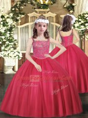 Hot Pink Ball Gowns Straps Sleeveless Tulle Floor Length Lace Up Beading Quinceanera Gowns