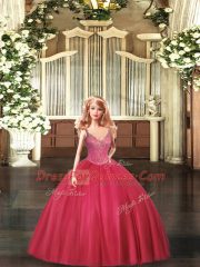 Hot Pink Ball Gowns Straps Sleeveless Tulle Floor Length Lace Up Beading Quinceanera Gowns