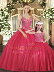Hot Pink Ball Gowns Straps Sleeveless Tulle Floor Length Lace Up Beading Quinceanera Gowns