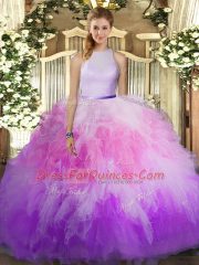 Sleeveless Tulle Floor Length Backless Vestidos de Quinceanera in Multi-color with Ruffles