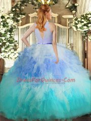 Sleeveless Tulle Floor Length Backless Vestidos de Quinceanera in Multi-color with Ruffles