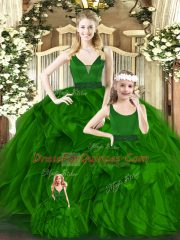 Fashionable Green Quinceanera Gown Military Ball and Sweet 16 and Quinceanera with Beading and Ruffles V-neck Sleeveless Zipper