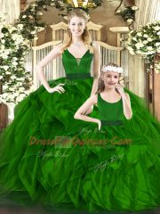 Fashionable Green Quinceanera Gown Military Ball and Sweet 16 and Quinceanera with Beading and Ruffles V-neck Sleeveless Zipper