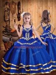 Royal Blue Ball Gowns Organza Straps Sleeveless Beading and Embroidery and Ruffled Layers Floor Length Lace Up Child Pageant Dress