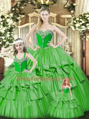 Green Organza Lace Up Sweetheart Sleeveless Floor Length 15 Quinceanera Dress Beading and Ruffled Layers