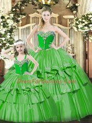 Green Organza Lace Up Sweetheart Sleeveless Floor Length 15 Quinceanera Dress Beading and Ruffled Layers