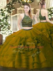 Discount Floor Length Zipper Quinceanera Gown Olive Green for Military Ball and Sweet 16 and Quinceanera with Beading and Ruffled Layers