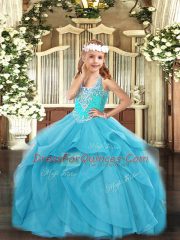 Custom Fit Aqua Blue Sleeveless Floor Length Beading and Ruffles Lace Up Pageant Dress Womens