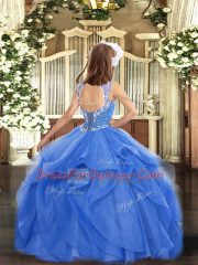 Custom Fit Aqua Blue Sleeveless Floor Length Beading and Ruffles Lace Up Pageant Dress Womens