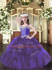 Floor Length Lace Up Little Girls Pageant Dress Purple for Party and Quinceanera and Wedding Party with Beading and Ruffles
