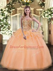 Peach Tulle Lace Up Ball Gown Prom Dress Sleeveless Floor Length Beading and Ruffles