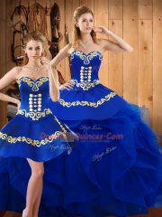 Latest Blue Organza Lace Up Vestidos de Quinceanera Sleeveless Floor Length Embroidery and Ruffles