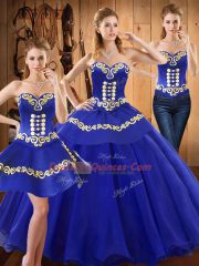 Stunning Blue Ball Gowns Sweetheart Sleeveless Tulle Floor Length Lace Up Embroidery Quinceanera Gowns