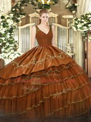 Brown Satin and Tulle Zipper V-neck Sleeveless Floor Length Quinceanera Dresses Beading and Embroidery and Ruffled Layers