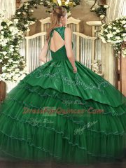 Brown Satin and Tulle Zipper V-neck Sleeveless Floor Length Quinceanera Dresses Beading and Embroidery and Ruffled Layers