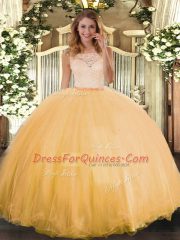 Discount Ball Gowns Quinceanera Gown Gold Scoop Tulle Sleeveless Floor Length Clasp Handle