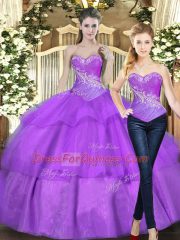 Low Price Eggplant Purple Tulle Lace Up Sweet 16 Quinceanera Dress Sleeveless Floor Length Beading and Ruffled Layers