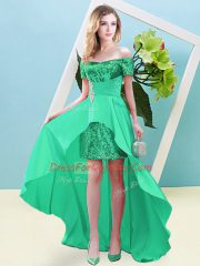 Artistic Turquoise Elastic Woven Satin and Sequined Lace Up Off The Shoulder Short Sleeves High Low Prom Dresses Beading