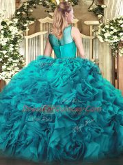 Teal Ball Gowns Beading and Ruffles Quinceanera Dress Zipper Fabric With Rolling Flowers Sleeveless Floor Length