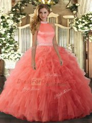 Orange Red Halter Top Neckline Beading and Ruffles Quince Ball Gowns Sleeveless Backless