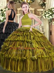 Floor Length Olive Green Quinceanera Dresses Halter Top Sleeveless Backless