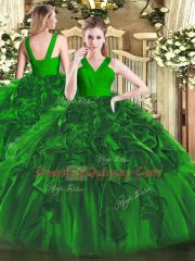 Dark Green Sleeveless Floor Length Ruffles Zipper Sweet 16 Dresses