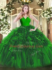 Dark Green Sleeveless Floor Length Ruffles Zipper Sweet 16 Dresses