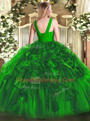 Dark Green Sleeveless Floor Length Ruffles Zipper Sweet 16 Dresses
