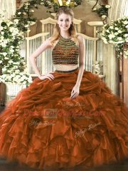 Fitting Brown Tulle Zipper 15 Quinceanera Dress Sleeveless Floor Length Beading and Ruffles