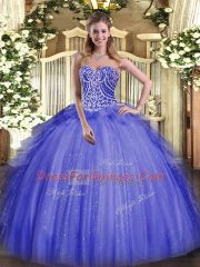 Blue Organza Lace Up Sweetheart Sleeveless Floor Length Sweet 16 Dresses Beading and Ruffles